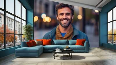 Smiling bearded attractive man looking at the camera. Generative AI Wall mural