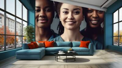 Smiling beautiful female healthcare workers looking at the camera. Generative AI Wall mural