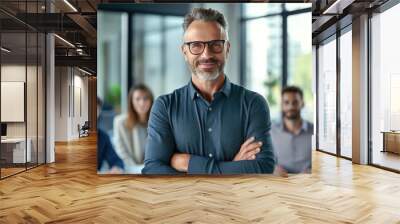 Smiling confident mature businessman looking at camera standing in office. Elegant stylish corporate leader successful ceo executive manager wearing glasses. Generative ai Wall mural