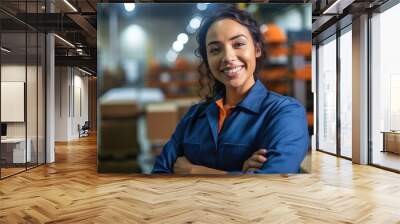 smiling hispanic female factory worker posing looking at the camera. Generative AI	 Wall mural