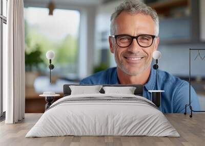 smiling Middle-aged guy with eyeglasses and blue shirt at home Wall mural