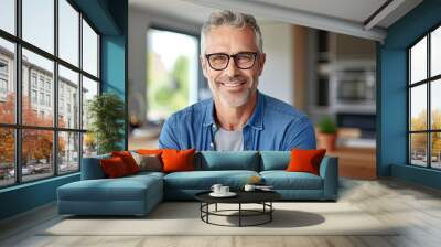 smiling Middle-aged guy with eyeglasses and blue shirt at home Wall mural