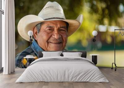 Smiling senior hispanic man wearing a cowboy hat looking at the camera	 Wall mural