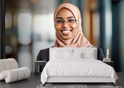 Smiling young black businesswoman wearing a hijab looking at the camera. Generative AI Wall mural