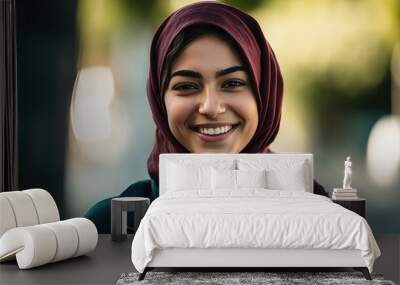 smiling young college female student wearing a hijab looking at the camera. generative ai Wall mural