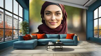 smiling young college female student wearing a hijab looking at the camera. generative ai Wall mural