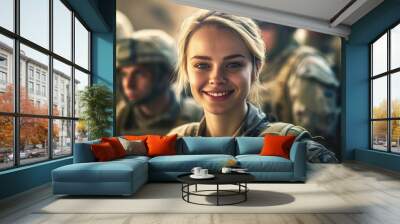 Smiling Young female adult soldier in a soldier's uniform together with other soldiers in a soldier's uniform on a mission. Generative AI	 Wall mural