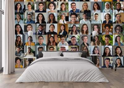 Team of diverse people on an online conference call. Grid of webcam faces Wall mural