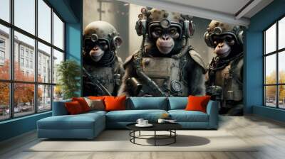 Three Monkey cyber soldiers, the future infantry combatant, looking at the camera. Generative AI Art Wall mural