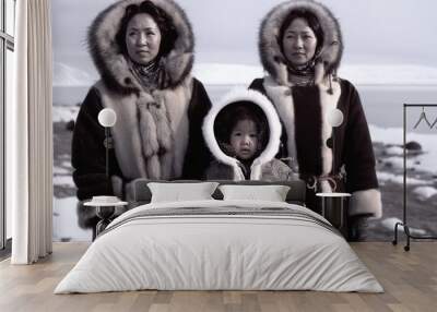 Two Inuit women and one child posing outside in the frozen outdoors. Generative AI Wall mural