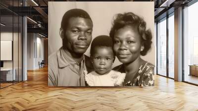 Vintage retro family portrait of an African American man posing with his wife and daughter Wall mural