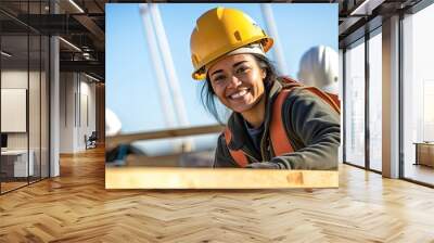 woman working on a construction site, construction hard hat and work vest, smiling, middle aged or older Wall mural