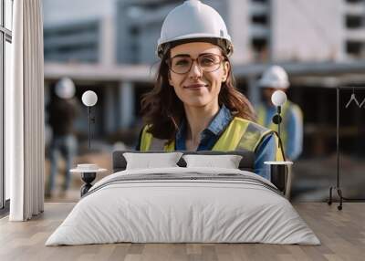 woman working on a construction site, construction hard hat and work vest, smirking, middle aged or older, Generative AI Wall mural