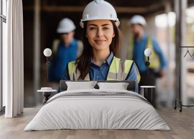 woman working on a construction site, construction hard hat and work vest, smirking, middle aged or older, Generative AI Wall mural