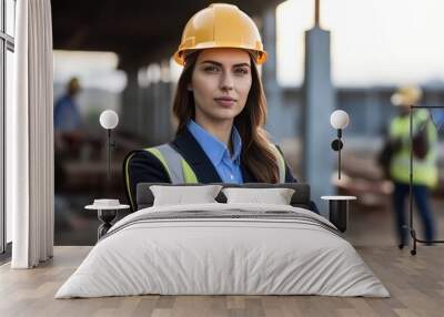 woman working on a construction site, construction hard hat and work vest, smirking, middle aged or older, Generative AI Wall mural