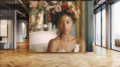 young beautiful black woman in a wedding dress and decorative flowers. Generative AI Wall mural