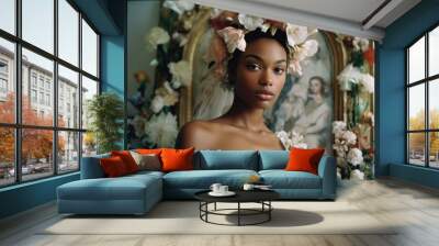 young beautiful black woman in a wedding dress and decorative flowers. Generative AI Wall mural