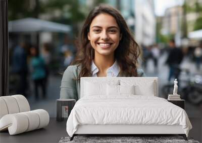 Young happy pretty smiling professional business woman, happy confident positive female entrepreneur standing outdoor on street arms crossed, looking at camera, Generative AI Wall mural