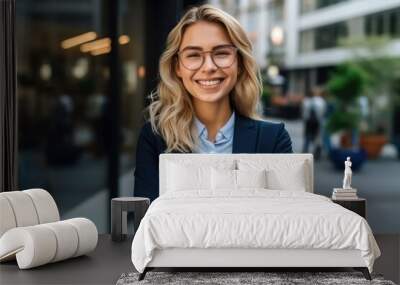 Young happy pretty smiling professional business woman, happy confident positive female entrepreneur standing outdoor on street arms crossed, looking at camera, Generative AI Wall mural