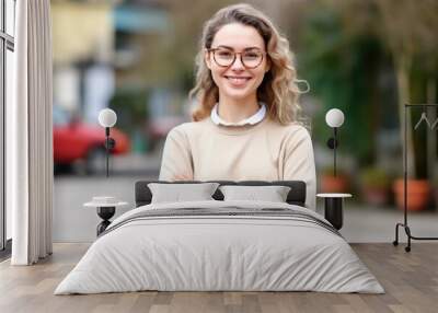 Young happy pretty smiling professional business woman, happy confident positive female entrepreneur standing outdoor on street arms crossed, looking at camera, Generative AI Wall mural