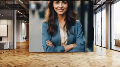 Young happy pretty smiling professional business woman, happy confident positive female entrepreneur standing outdoor on street arms crossed, looking at camera, Generative AI Wall mural