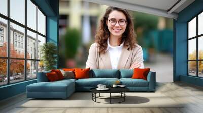 Young happy pretty smiling professional business woman, happy confident positive female entrepreneur standing outdoor on street arms crossed, looking at camera, Generative AI Wall mural