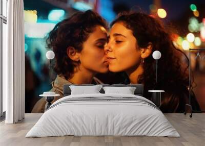 Young lesbian couple in their moment of intimacy at night in the street. This image was created with generative AI Wall mural