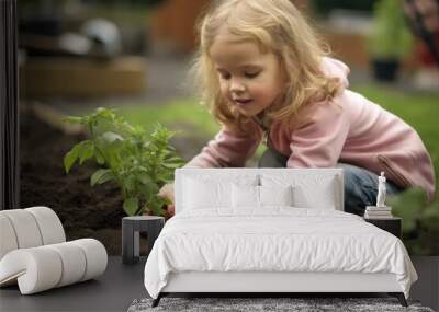 Young little girl planting plants in her home backyard garden. Wall mural