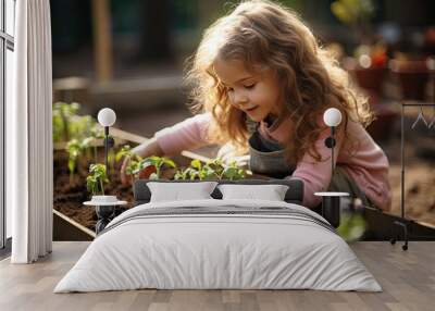 Young little girl planting plants in her home backyard garden. Wall mural