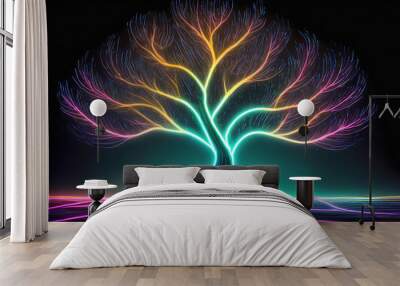 Abstract art of a tree glowing in the dark with smooth neon lines and dark background Wall mural