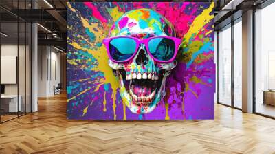 vibrant pop art style portrait of a skull wearing sunglasses with mouth open and paint splattering e Wall mural