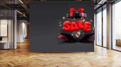 Black Friday sale promotion flyer background template with open gift box and sale word on a dark scene and copy space in 3D illustration. Special offer banner and shopping concept Wall mural