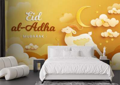 Eid Al Adha Mubarak gold greeting banner design. Islamic background with goat, mosque, moon and text. Eid Mubarak, arabic illustration for muslim festival celebration Wall mural