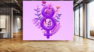 International Womens day female symbol and number 8 with floral ornaments in 3D illustration. March 8 for feminism, independence, sisterhood, empowerment, activism for women rights Wall mural