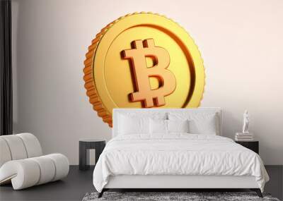 Isolated bitcoin BTC simple golden coin on neutral background in realistic 3D rendering. Cryptocurrency, 2p2 exchange and blockchain technology concept Wall mural