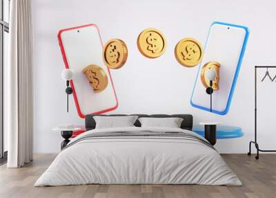 Money transfer between mobile phones, wireless sending and receiving dollar coins. Smartphone online banking payment app, electronic money and economy concept in 3D illustration Wall mural