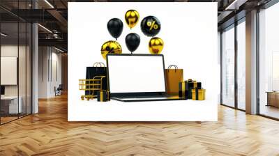 Online shopping laptop mockup blank screen for banner background with golden stuff in realistic 3D rendering. Special offer flyer and Black Friday concept Wall mural