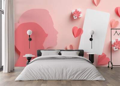 Social media post mockup with mom and son papercut silhouettes, hearts and gifts for Mother's Day in 3D rendering Wall mural