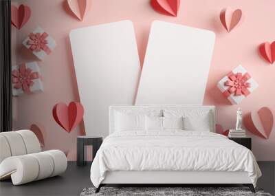 Valentines day vertical greeting cards mockup surrounded by paper hearts and gifts in 3D rendering. Flat lay illustration anniversary wedding invitation concept Wall mural