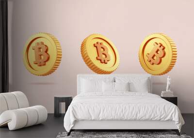 Various bitcoin BTC golden coins isolated on neutral background in 3D cartoon illustration. Cryptocurrency, 2p2 exchange and blockchain technology concept Wall mural