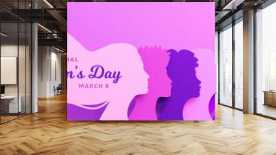 Women's Day poster with silhouettes of different women's faces in paper cut and copy space, 3D illustration. Females for feminism, independence, sisterhood, empowerment, activism for women rights Wall mural