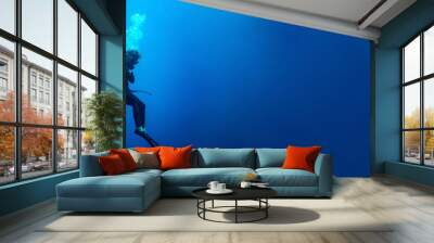 Background banner with a scuba diver woman standing still in deep blue  Wall mural