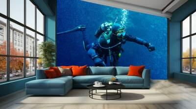 Scuba diver in the middle of bubbles Wall mural