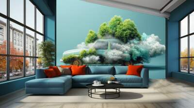 A car is covered in trees and is surrounded by clouds Wall mural