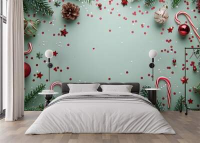 A Christmas tree with a green background and a red star in the center Wall mural