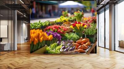 A display of spring produce and blooms at a sunny market Wall mural