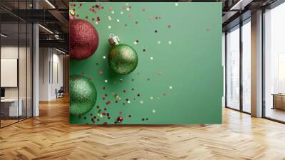 A green and red Christmas ornament sits on a green background Wall mural