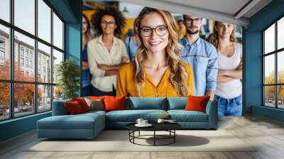 A group of people are smiling for a photo, with one woman wearing a yellow shirt Wall mural