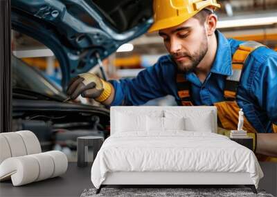 A man in a yellow safety vest is working on a car engine Wall mural