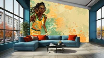 A woman in a yellow jersey is playing basketball Wall mural